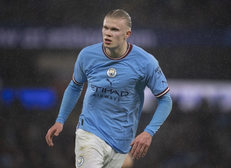 MANCHESTER, ENGLAND - MARCH 18: Erling Haaland of Manchester City in action during the Emirates FA Cup Quarter Final match between Manchester City and Burnley FC at Etihad Stadium on March 18, 2023 in Manchester, England. (Photo by Joe Prior/Visionhaus via Getty Images)