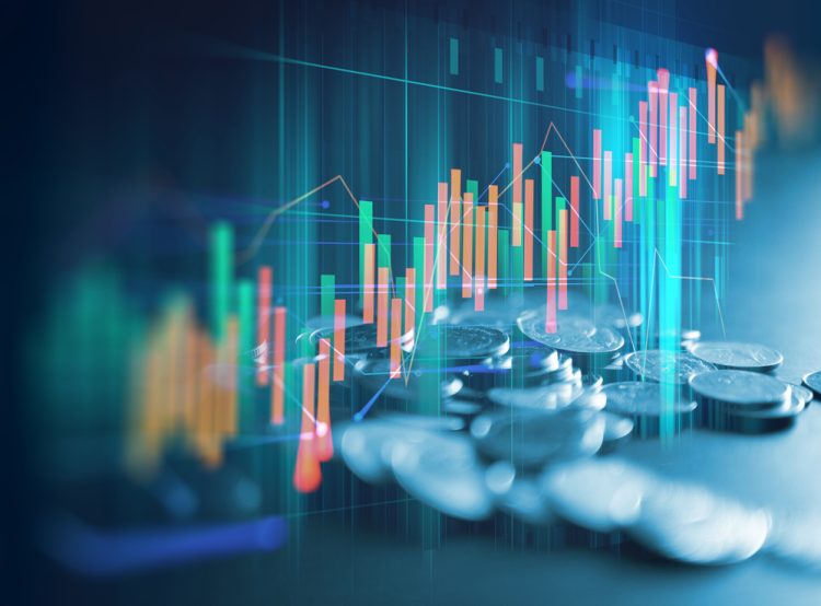 double exposure image of stock market investment graph and coins stack,concept of business investment and stock future trading.