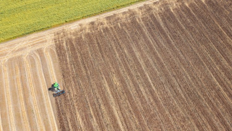 Panoramic view of tractor plowing the soil after harvesting on the field. Aerial view from the drone of the field after harvest. Top view