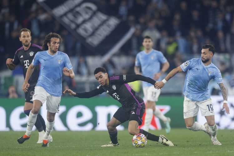 ROME, ITALY - FEBRUARY 14: Jamal Musiala of FC Bayern München controls the ball during the UEFA Champions League 2023/24 round of 16 first leg match between SS Lazio and FC Bayern München at Stadio Olimpico on February 14, 2024 in Rome, Italy. (Photo by Matteo Ciambelli/DeFodi Images via Getty Images)