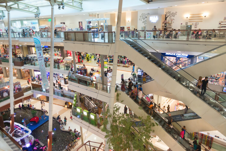 PHUKET, THAILAND - 23 MAY 2014:  Looking out from the top floor, over the multiple levels of Central Festival Mall, one of the region's premier shopping destinations.