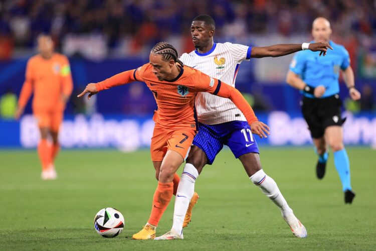 LEIPZIG, GERMANY - JUNE 21: Xavi Simons of Netherlands and Ousmane Dembele of France during the UEFA EURO 2024 group stage match between Netherlands and France at Football Stadium Leipzig on June 21, 2024 in Leipzig, Germany.(Photo by Simon Stacpoole/Offside/Offside via Getty Images)