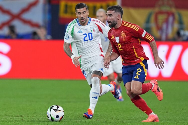 GELSENKIRCHEN, GERMANY - JUNE 20: Daniel Carvajal (2) of Spain in action against Mattia Zaccagni (20) of Italy during the 2024 European Football Championship (EURO 2024) Group B football match between Spain and Italy at Veltins-Arena in Gelsenkirchen, Germany on June 20, 2024. (Photo by Emin Sansar/Anadolu via Getty Images)