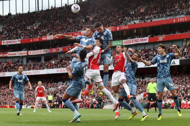 LONDON, ENGLAND - APRIL 14: Morgan Rogers of Aston Villa jumps highest to defend a corner kick at the Emirates Stadium during the Premier League match between Arsenal FC and Aston Villa at Emirates Stadium on April 14, 2024 in London, England.(Photo by Mark Leech/Offside/Offside via Getty Images)