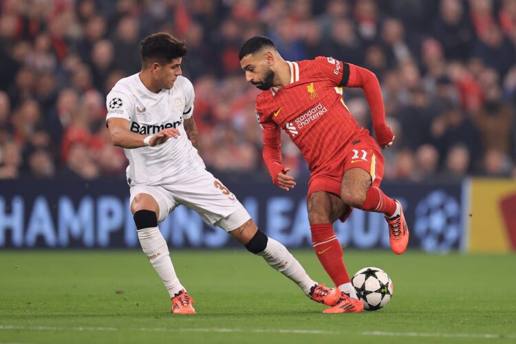 LIVERPOOL, ENGLAND - NOVEMBER 5: Mohamed Salah of Liverpool turns Piero Hincapie of Bayer Leverkusen during the UEFA Champions League 2024/25 League Phase MD4 match between Liverpool FC and Bayer 04 Leverkusen at Anfield on November 5, 2024 in Liverpool, England. (Photo by Simon Stacpoole/Offside/Offside via Getty Images)